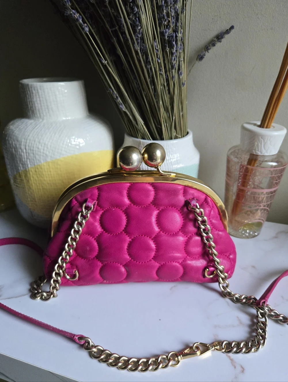 Rare Vintage Moschino Kisslock Pink Quilted Leather Shoulder Bag & Backpack
